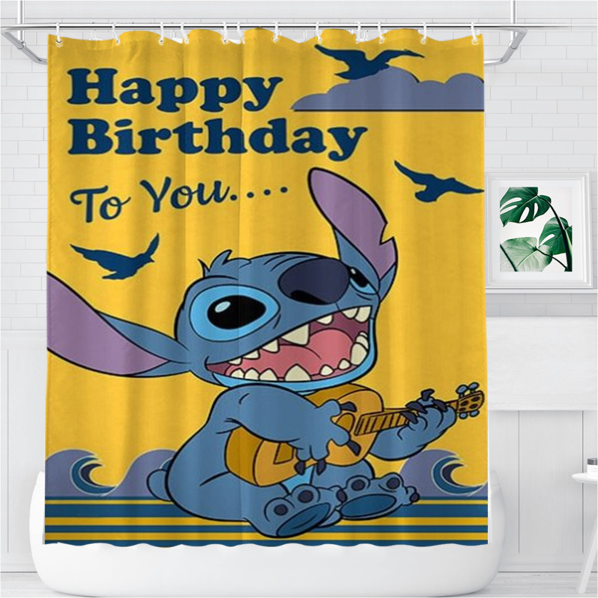 Stitch Birthday Serenade Bathroom Shower Curtain Fabric Waterproof | 66 X 72 Inch