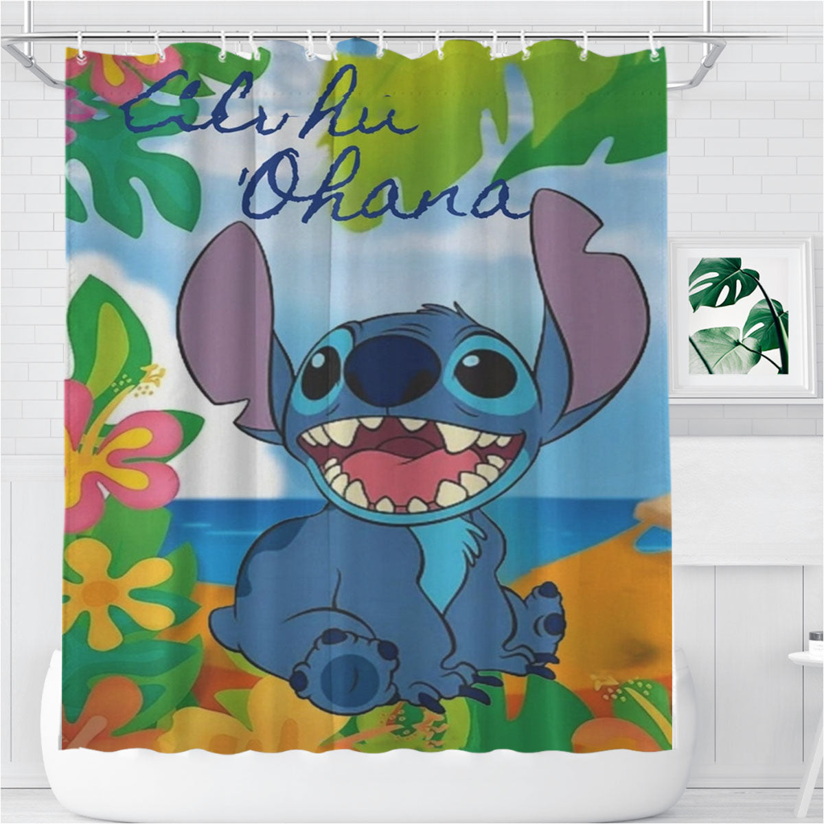 Stitch From Disney'S Movie Lilo And Stitch With Aloha Bathroom Shower Curtain Fabric Waterproof | 66 X 72 Inch