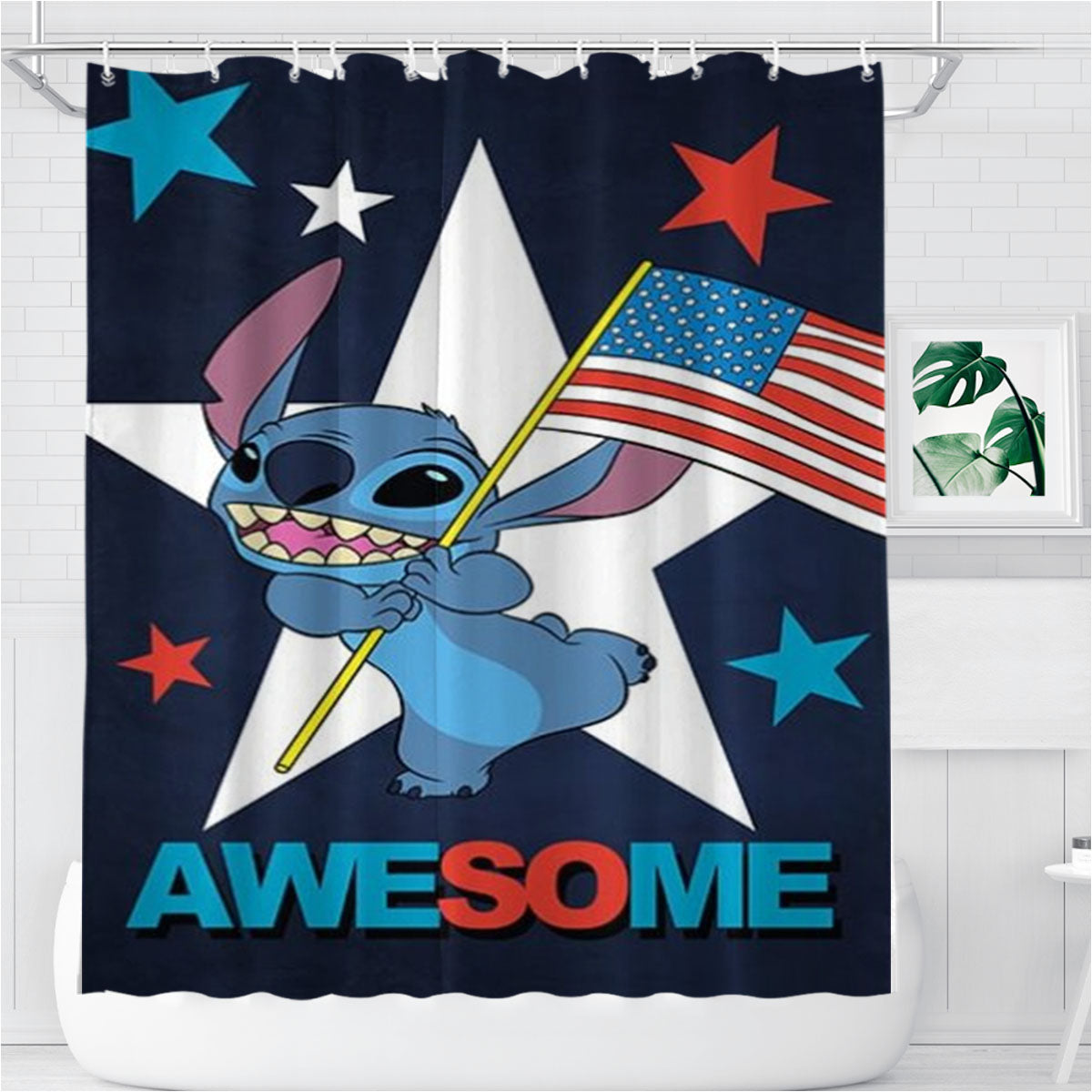 Stitch Patriotic Awesome Bathroom Shower Curtain Fabric Waterproof | 66 X 72 Inch