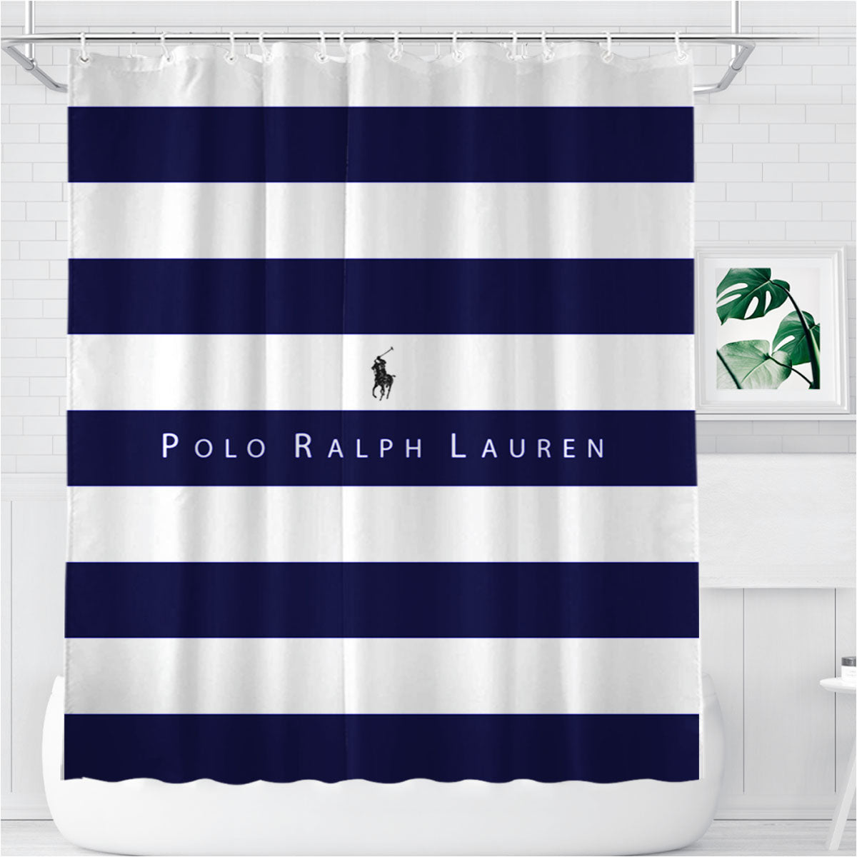 Stripe White Blue Polo Ralph Lauren Logo Bathroom Shower Curtain Fabric Waterproof | 66 X 72 Inch