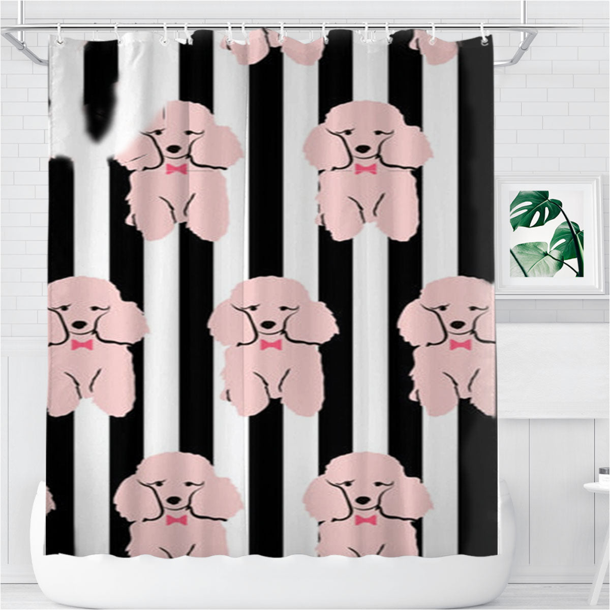 Striped Poodle - Dog Pattern Bathroom Shower Curtain Fabric Waterproof | 66 X 72 Inch