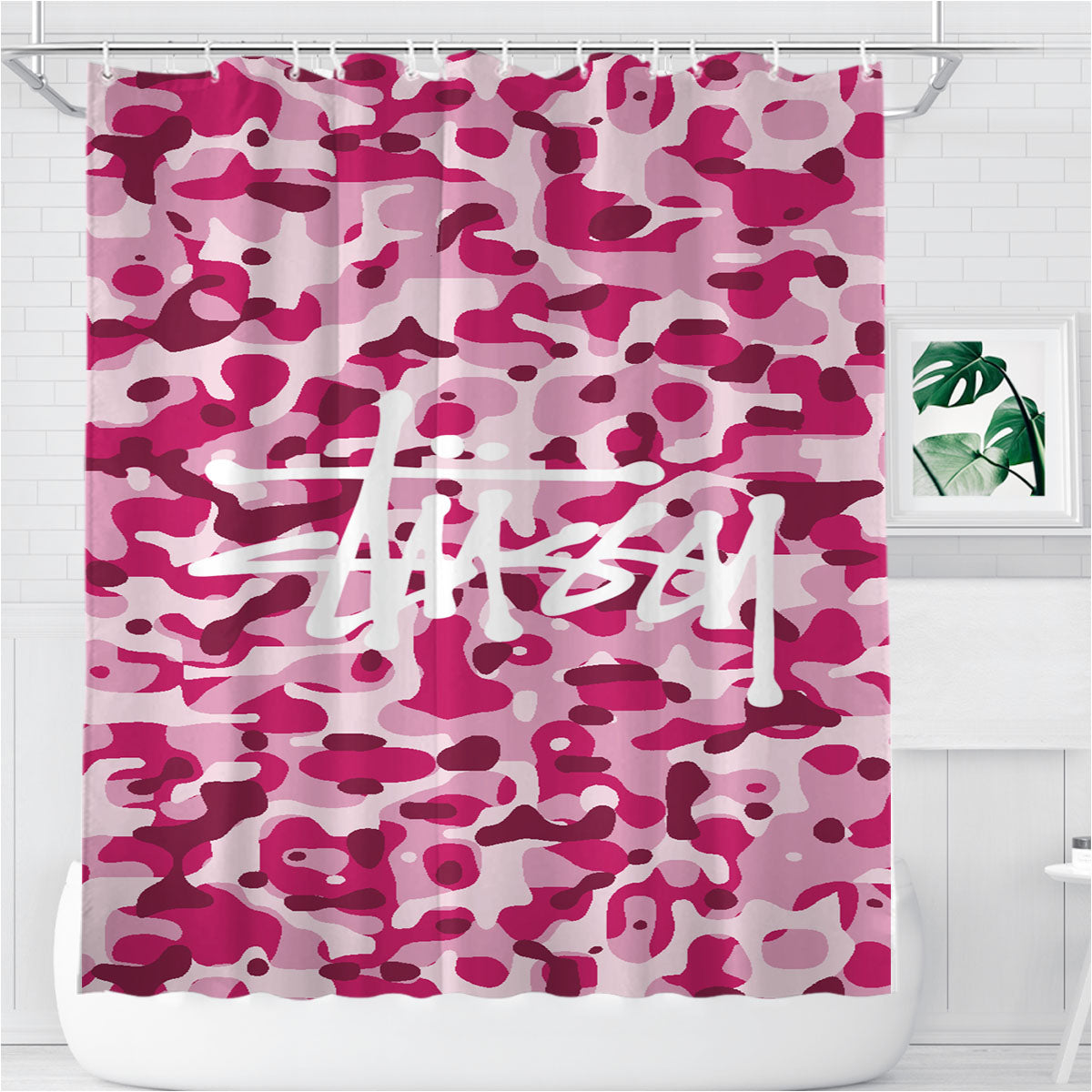 Stussy Bape Camouflage Pink Bathroom Shower Curtain Fabric Waterproof | 66 X 72 Inch
