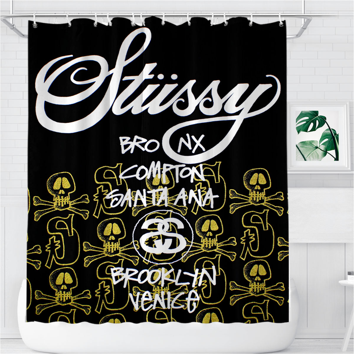 Stussy Skulls Pattern Bathroom Shower Curtain Fabric Waterproof | 66 X 72 Inch
