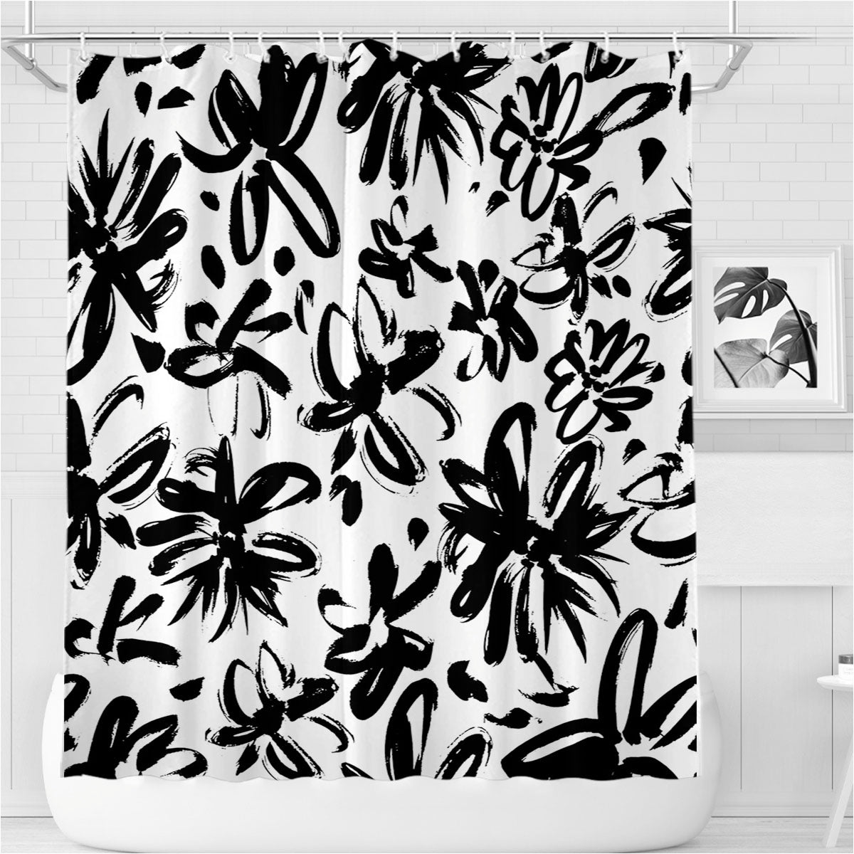 Subtle Painted Flowers Black And Whit Bathroom Shower Curtain Fabric Waterproof | 66 X 72 Inch