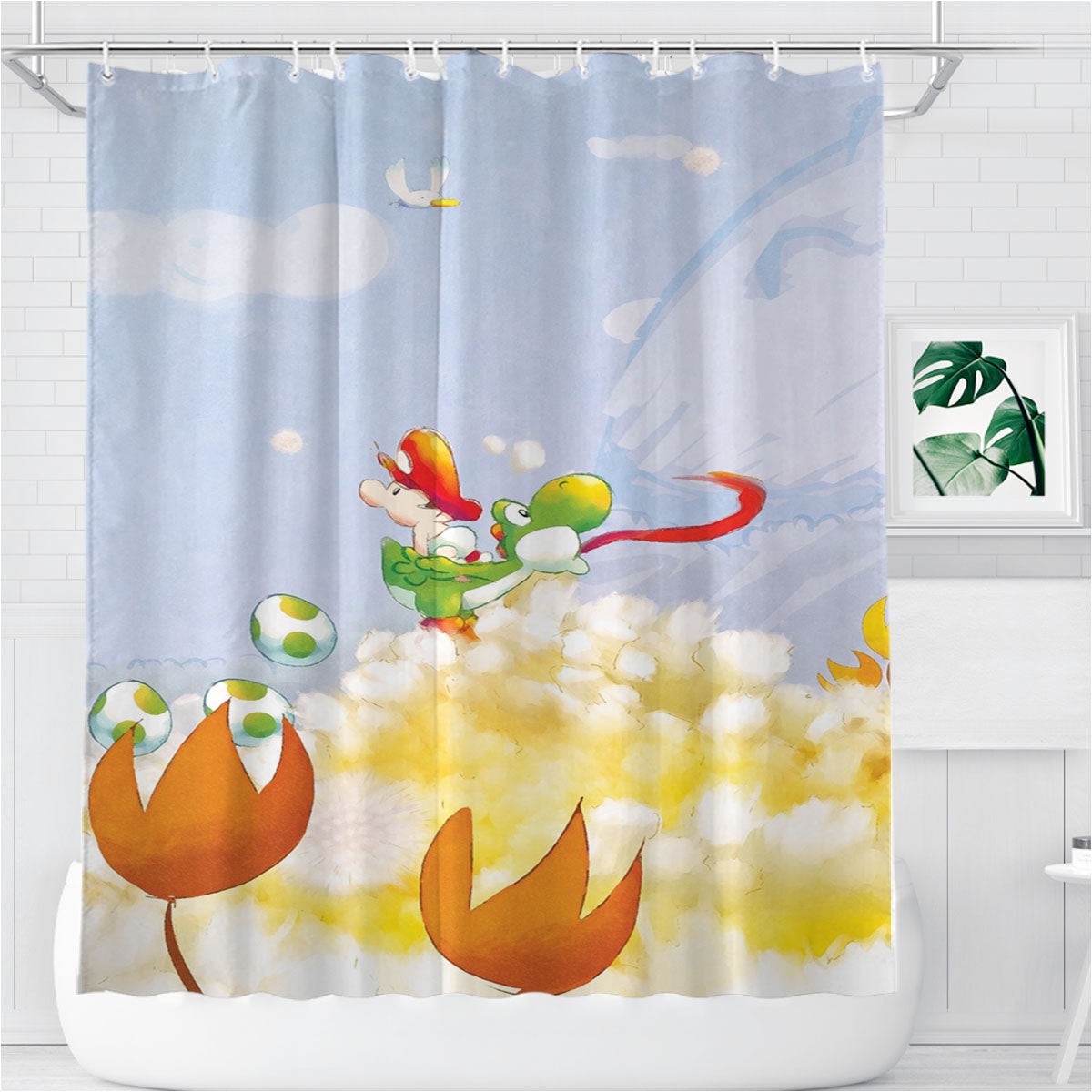 Super Mario World Yoshis Island Wallpaper Bathroom Shower Curtain Fabric Waterproof | 66 X 72 Inch