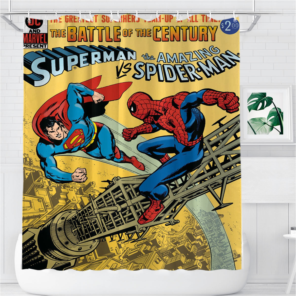 Superman Vs Spiderman Vintage Story Book Cover Bathroom Shower Curtain Fabric Waterproof | 66 X 72 Inch