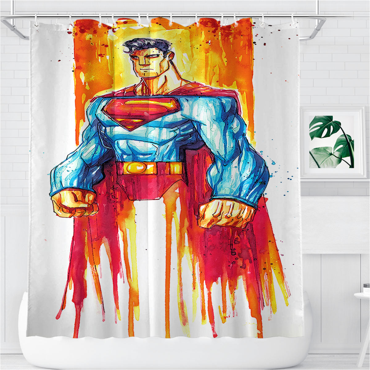 Superman Watercolor Bathroom Shower Curtain Fabric Waterproof | 66 X 72 Inch