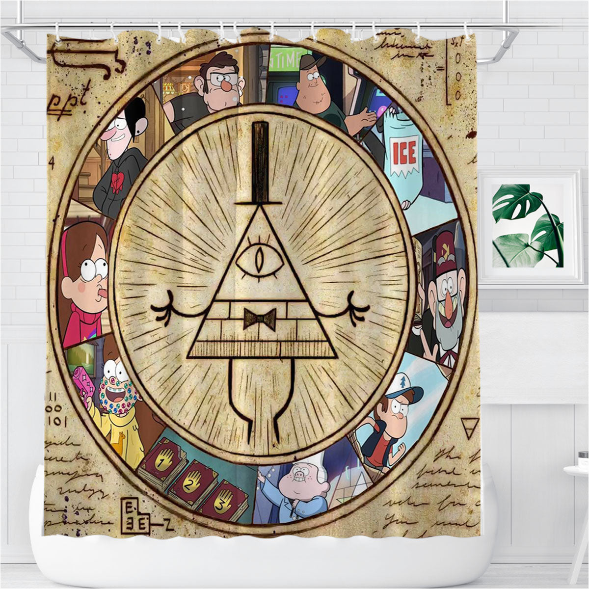 The Gravity Falls Intrigue Triangle Eye Characters Bathroom Shower Curtain Fabric Waterproof | 66 X 72 Inch