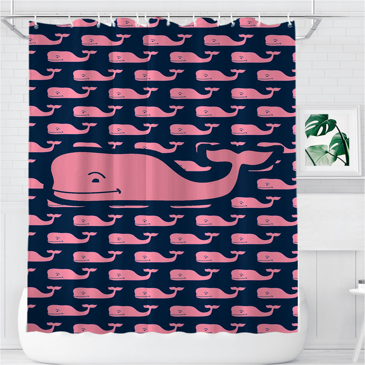 The Pope Vines Whale Pattern Navy Bathroom Shower Curtain Fabric Waterproof | 66 X 72 Inch