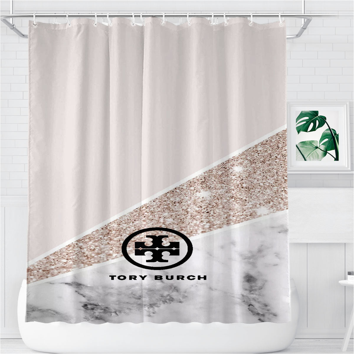 Tory Burch Geometric Glitter Marble Wallpaper Bathroom Shower Curtain Fabric Waterproof | 66 X 72 Inch