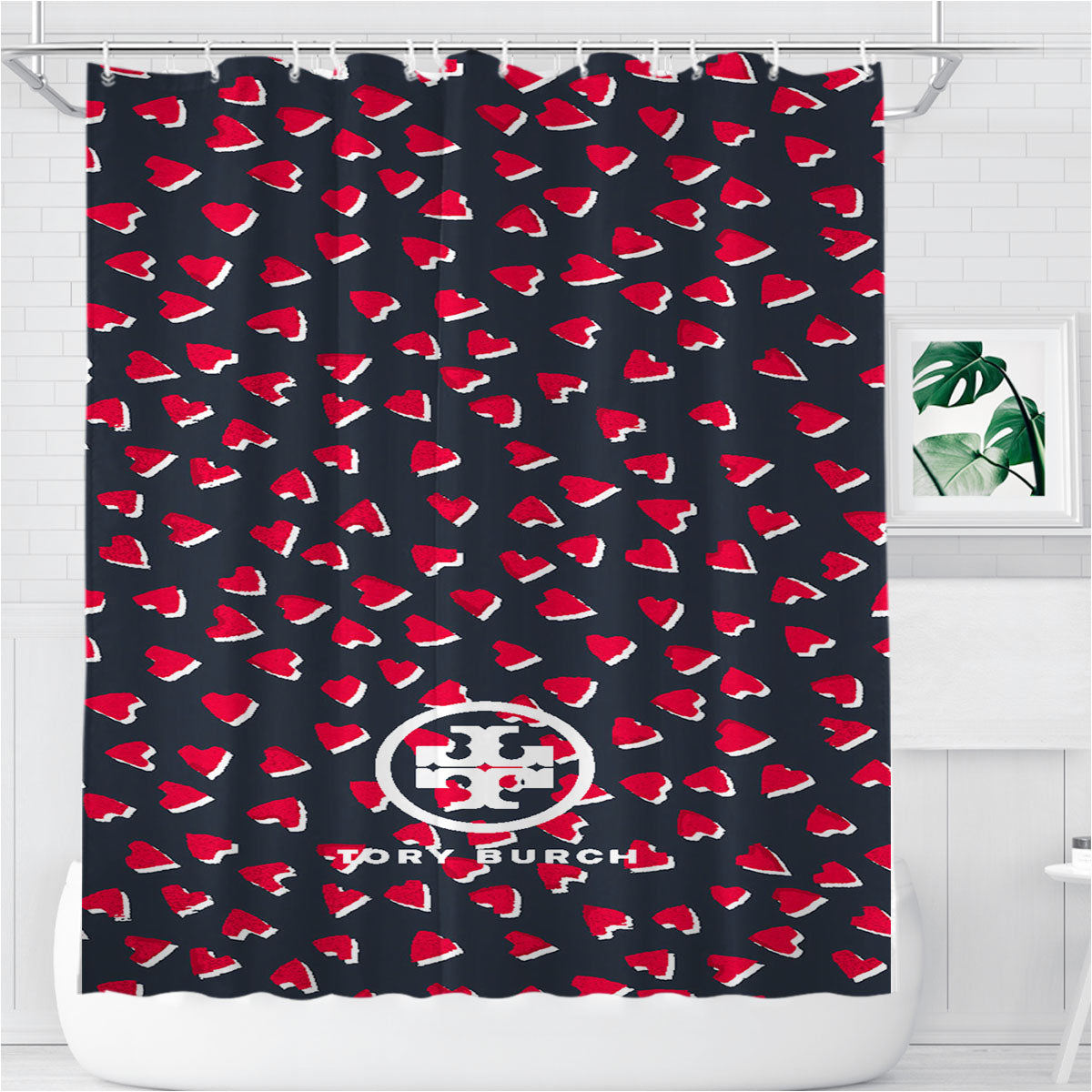 Tory Burch Valentine Days Heart Pattern Wallpaper Bathroom Shower Curtain Fabric Waterproof | 66 X 72 Inch