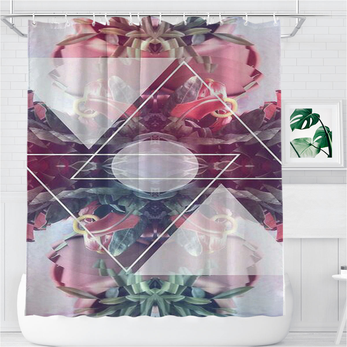 Triangle Flower Bathroom Shower Curtain Fabric Waterproof | 66 X 72 Inch
