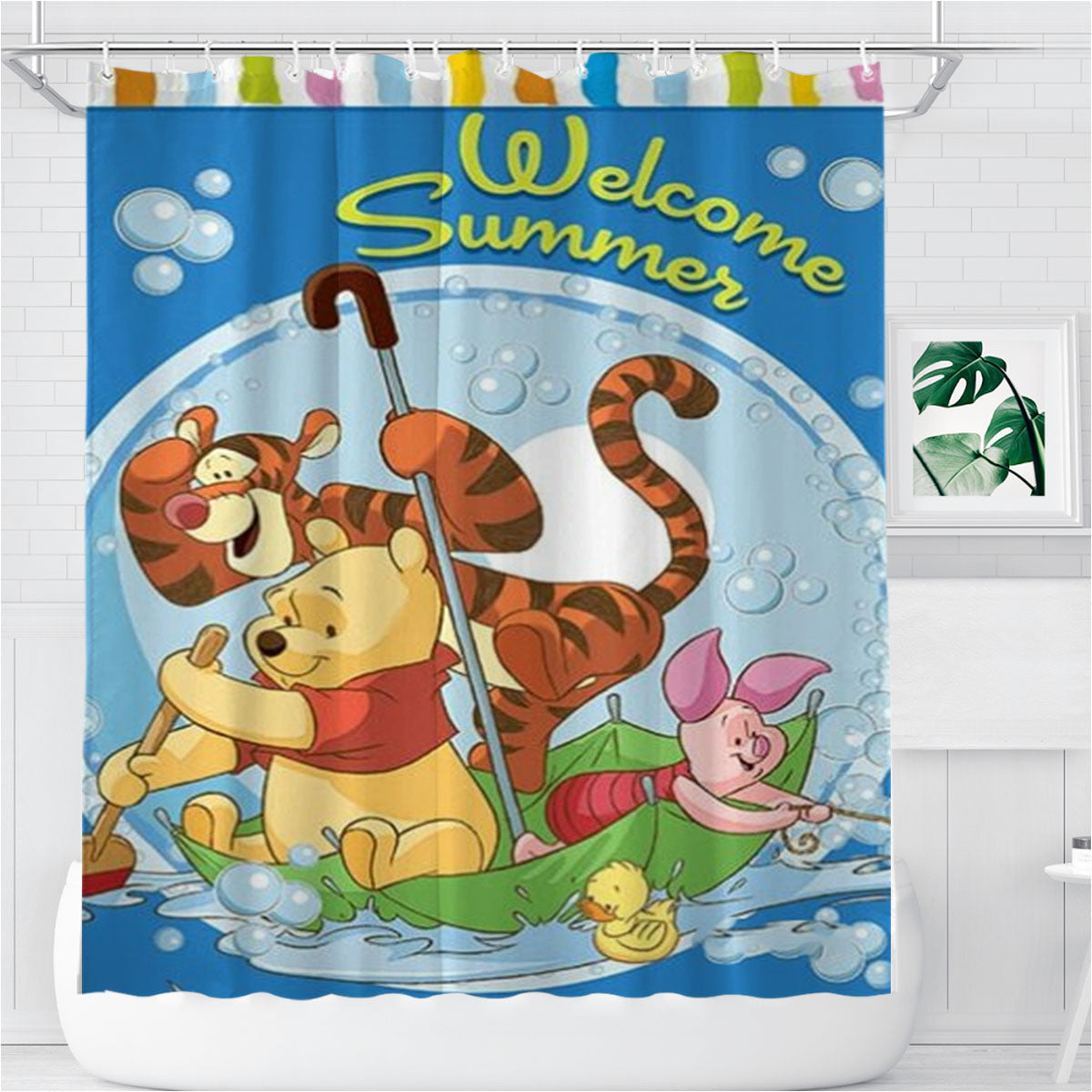 Umbrella Bubbles Winnie The Pooh Bathroom Shower Curtain Fabric Waterproof | 66 X 72 Inch