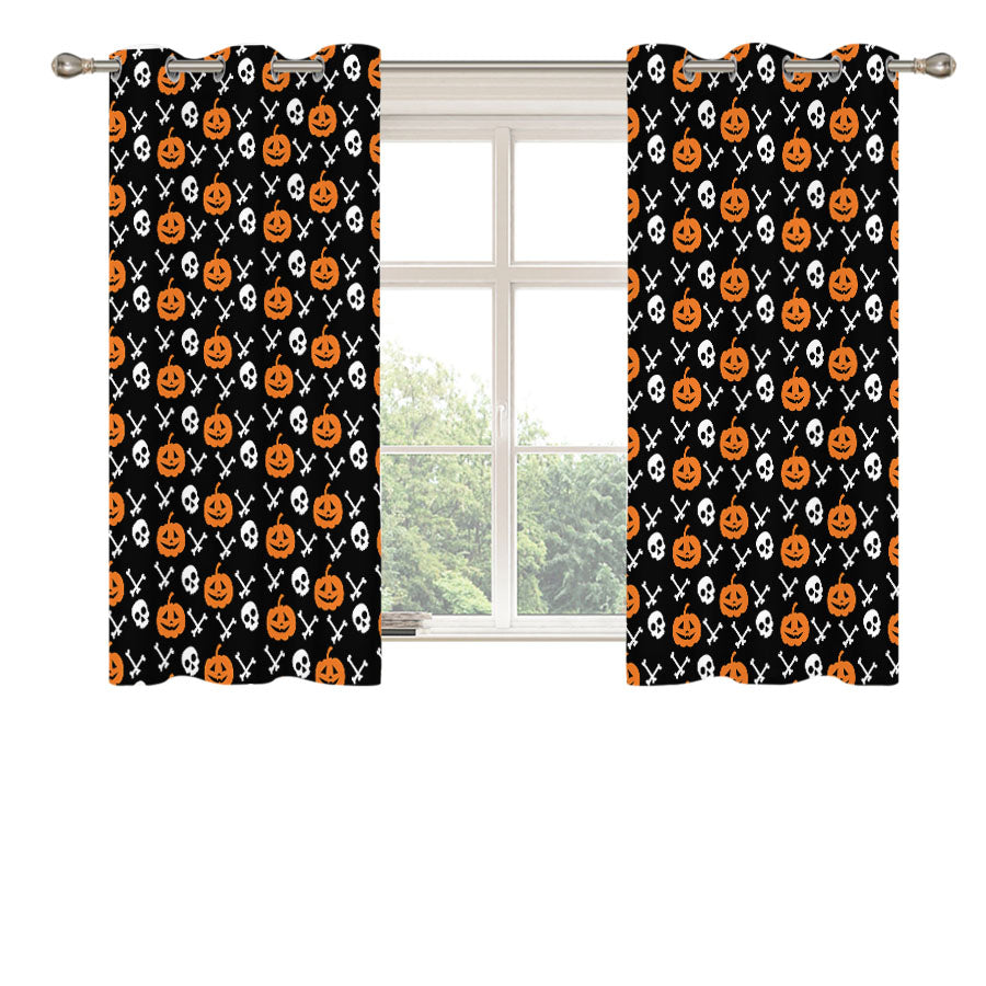 Black Pattern Pumpkins Bone And Head Skeleton Halloween Peach Skin Window Curtains