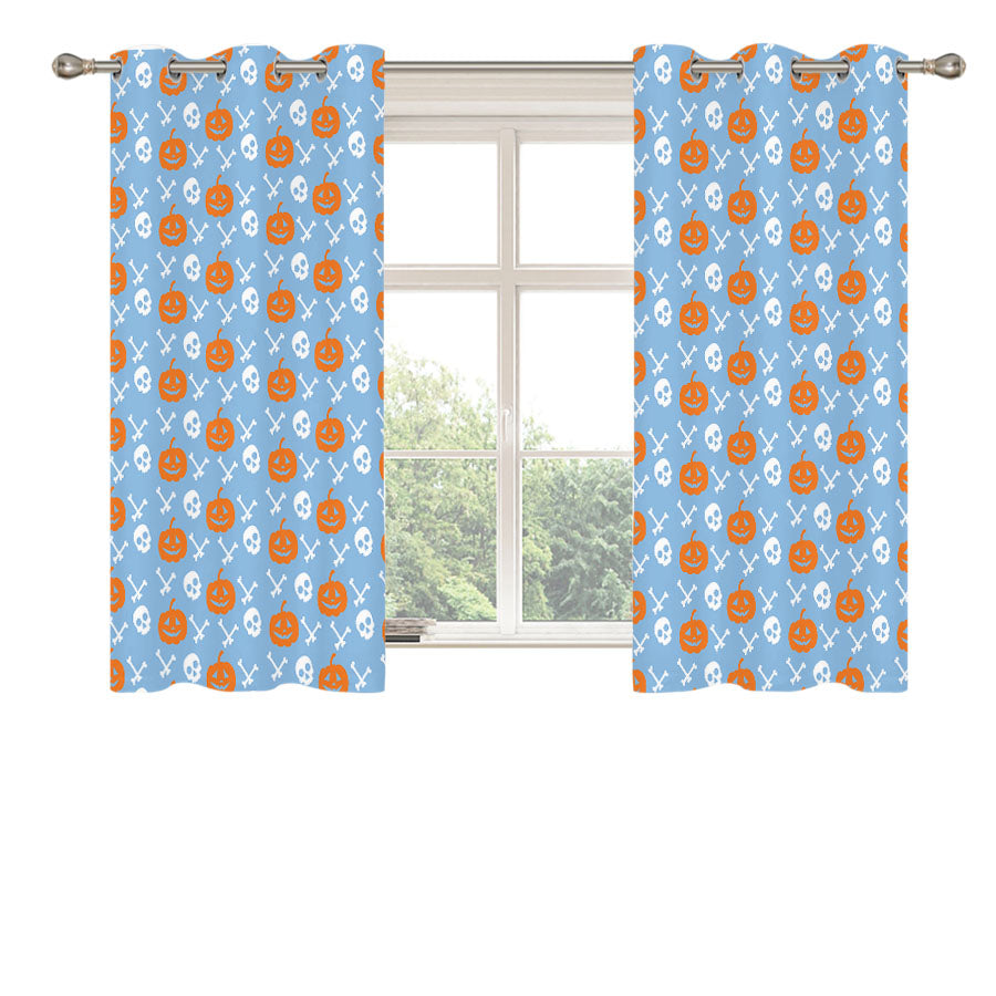 Blue Pattern Pumpkins Bone And Head Skeleton Halloween Peach Skin Window Curtains