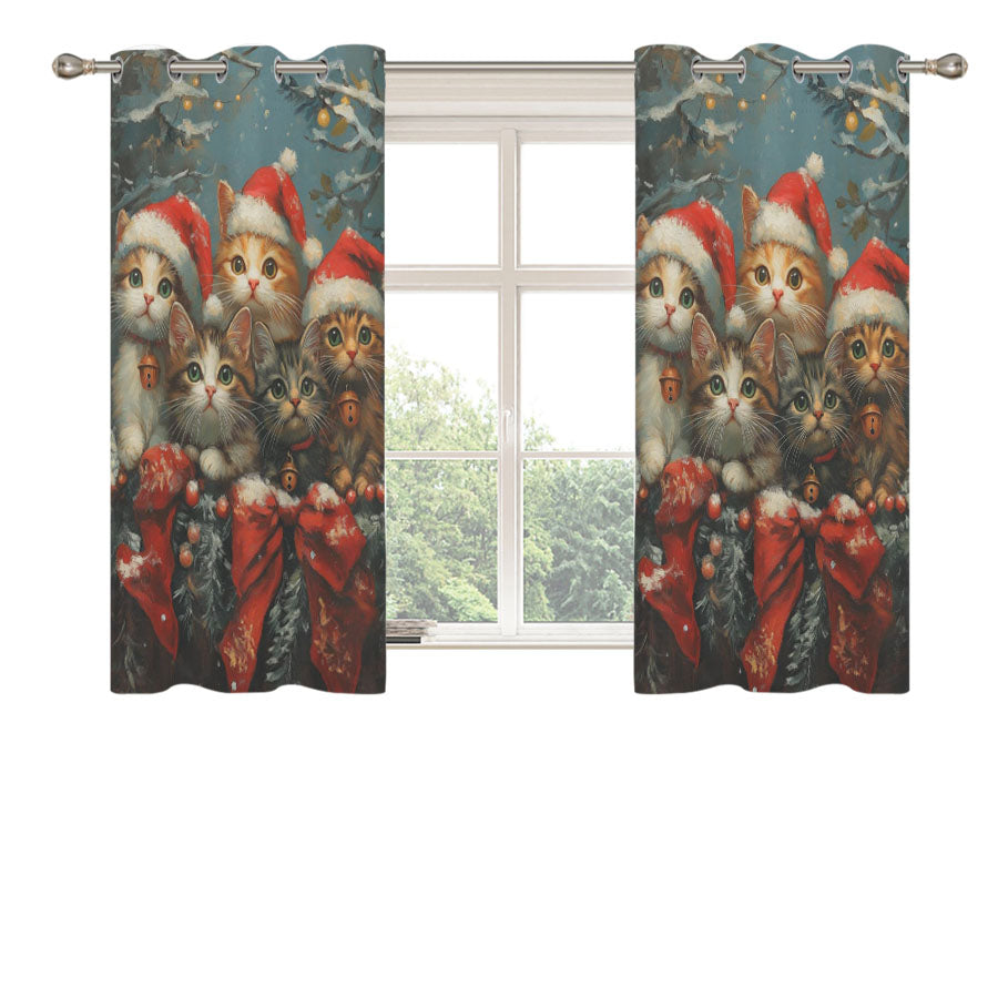 Christmas Santa Hat Kittens Peach Skin Window Curtains