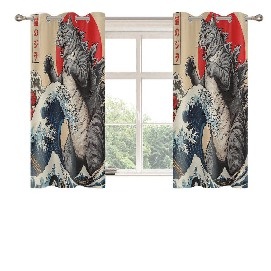 Funny Japanese Catzilla Peach Skin Window Curtains