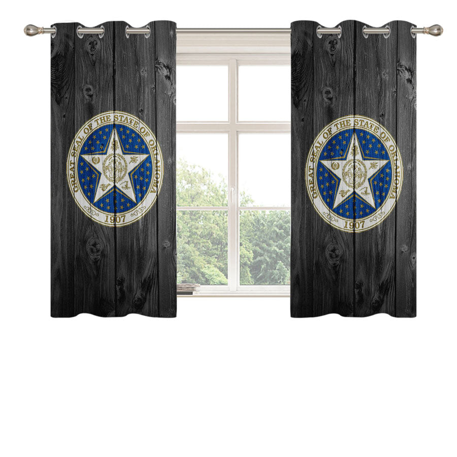 Great Seal Of The State Of Oklahoma Logo Dark Wood Wallpaper Peach Skin Window Curtains