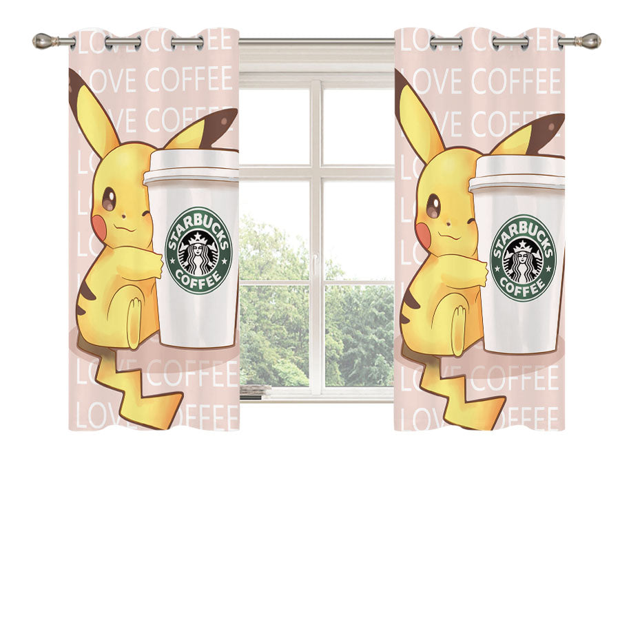 Pikachu With Starbucks Coffee Peach Skin Window Curtains