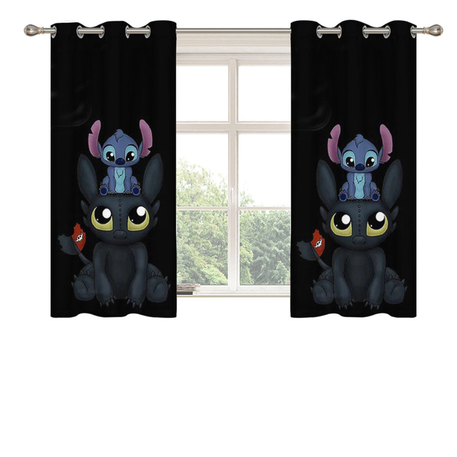 Stitch And Toothless Peach Skin Window Curtains
