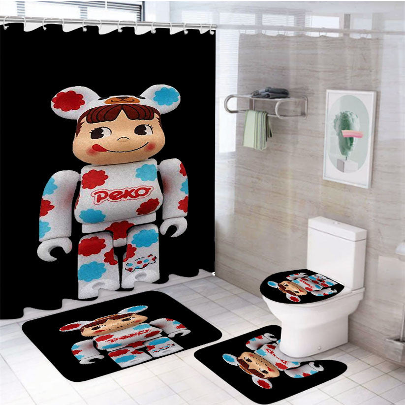 Peko Figure Kaws 4Pcs Bathroom Non-Slip Rugs Shower Curtain Fabric Waterproof