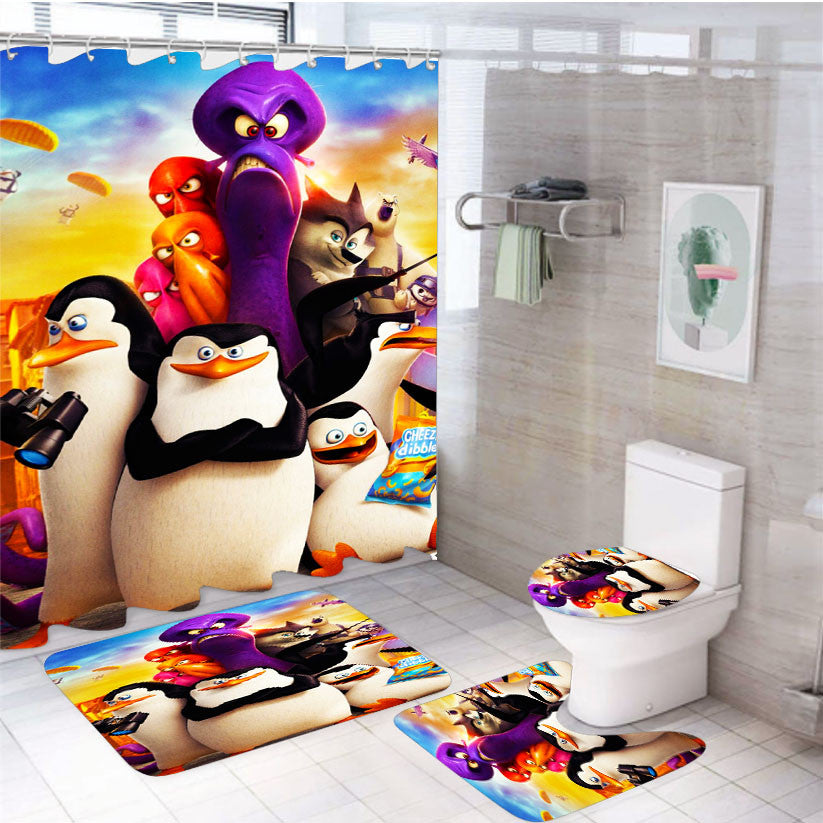 Penguins Of Madagascar 4Pcs Bathroom Non-Slip Rugs Shower Curtain Fabric Waterproof