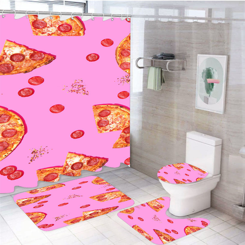 Pepperoni Lovers Pizza Pattern 4Pcs Bathroom Non-Slip Rugs Shower Curtain Fabric Waterproof