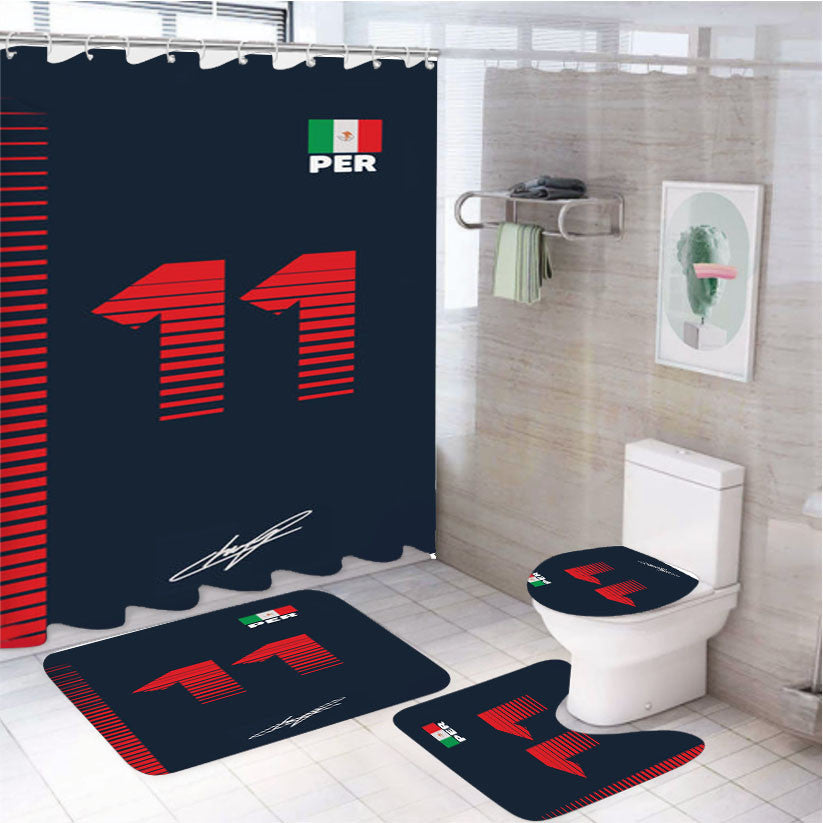 Perez - F1 4Pcs Bathroom Non-Slip Rugs Shower Curtain Fabric Waterproof