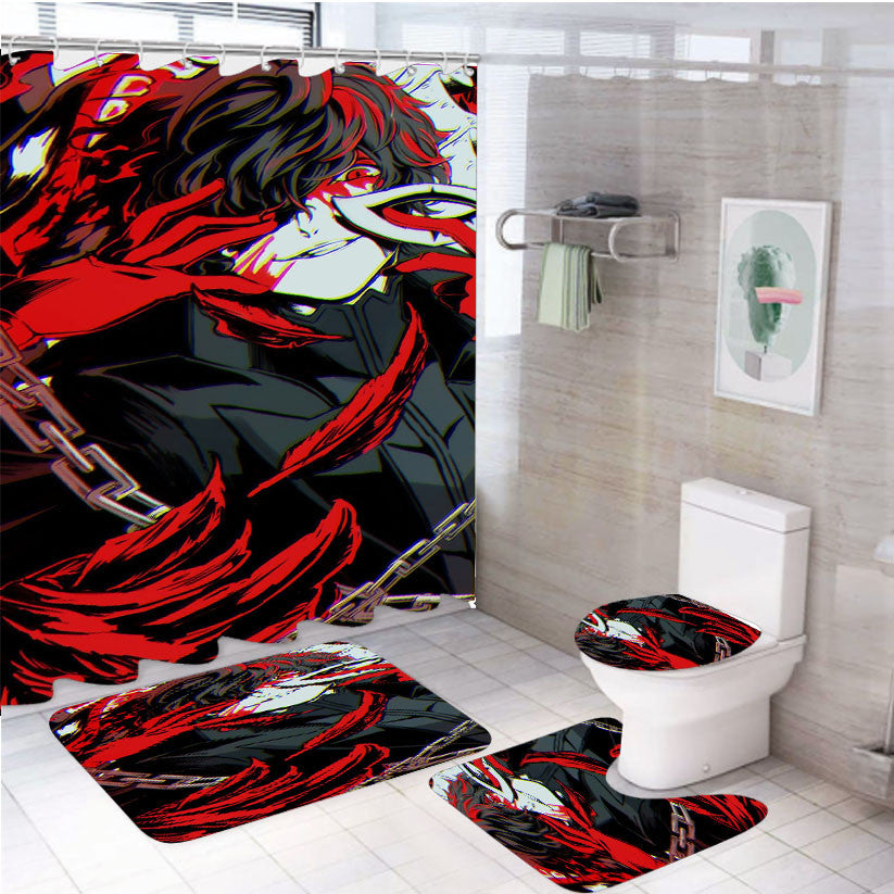 Persona 5 Joker Images 4Pcs Bathroom Non-Slip Rugs Shower Curtain Fabric Waterproof