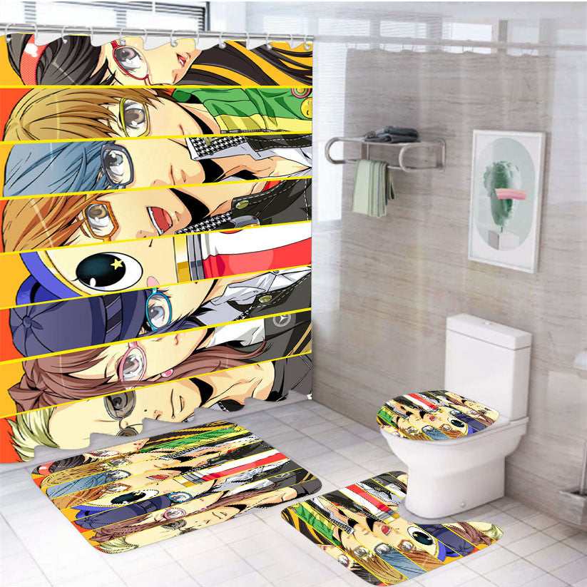 Persona Characters 4Pcs Bathroom Non-Slip Rugs Shower Curtain Fabric Waterproof