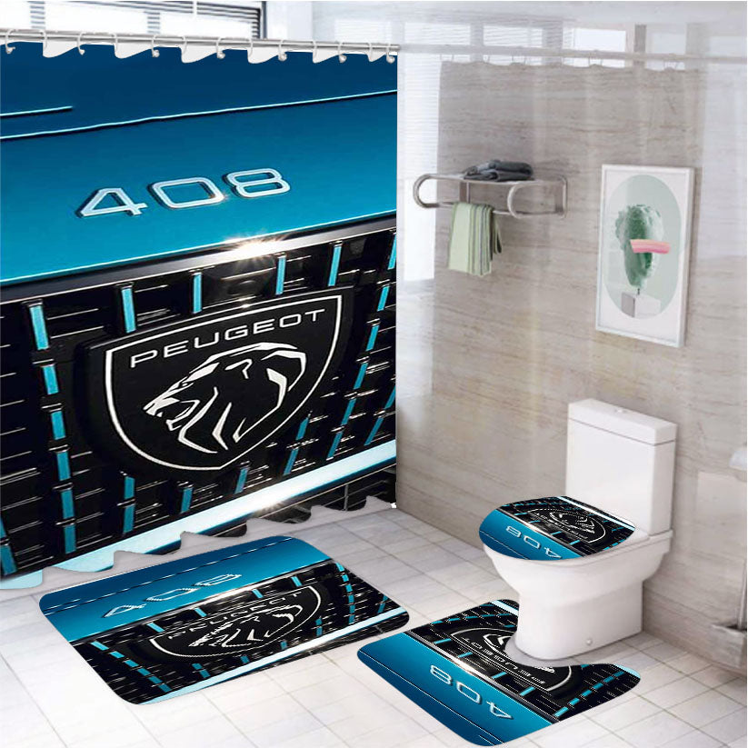 Peugeot Symbol Logo 4Pcs Bathroom Non-Slip Rugs Shower Curtain Fabric Waterproof