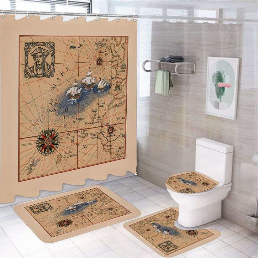 Pictorial Map Of Voyages Of Christopher Columbus 4Pcs Bathroom Non-Slip Rugs Shower Curtain Fabric Waterproof