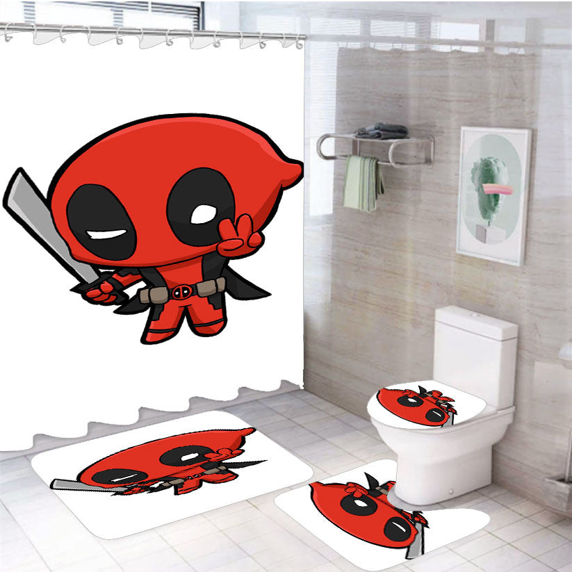 Piece Deadpool Chibi Funny Joke 4Pcs Bathroom Non-Slip Rugs Shower Curtain Fabric Waterproof