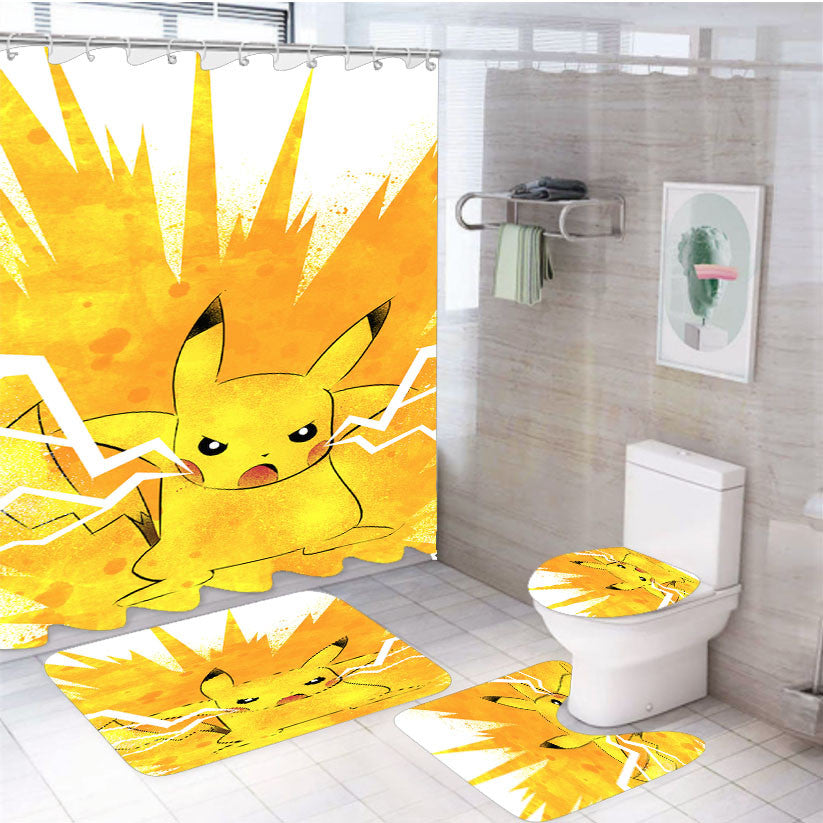 Pikachu 1000 Volt 4Pcs Bathroom Non-Slip Rugs Shower Curtain Fabric Waterproof