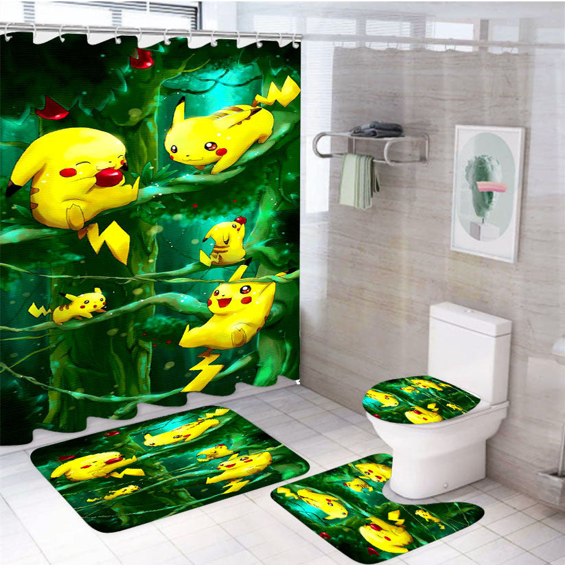 Pikachu Collection In The Forest 4Pcs Bathroom Non-Slip Rugs Shower Curtain Fabric Waterproof