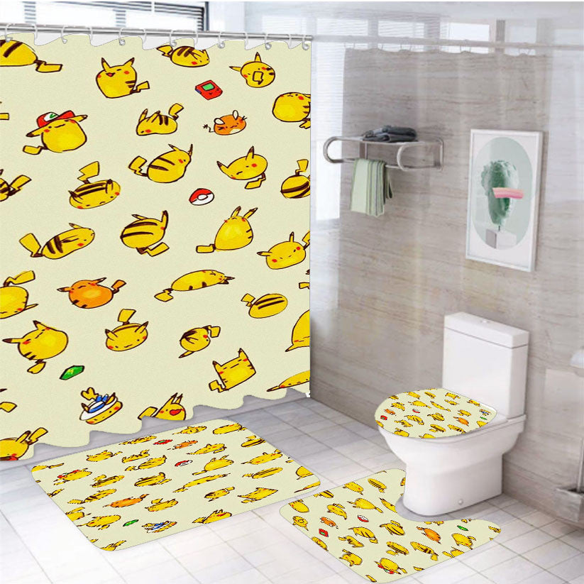 Pikachu Cute 4Pcs Bathroom Non-Slip Rugs Shower Curtain Fabric Waterproof