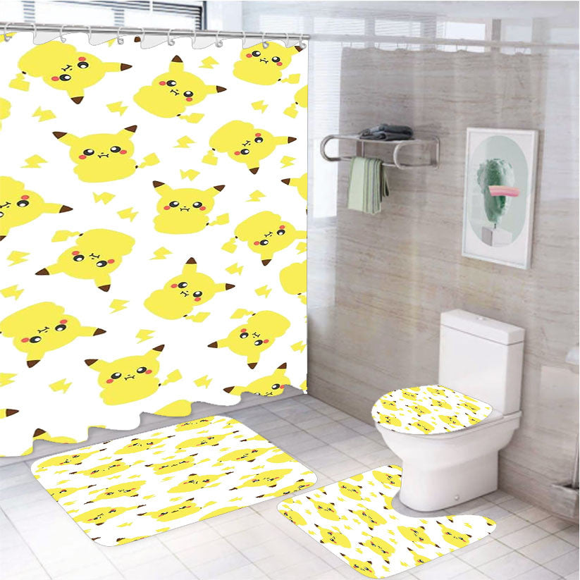 Pikachu Cute Pokemon Pattern 4Pcs Bathroom Non-Slip Rugs Shower Curtain Fabric Waterproof