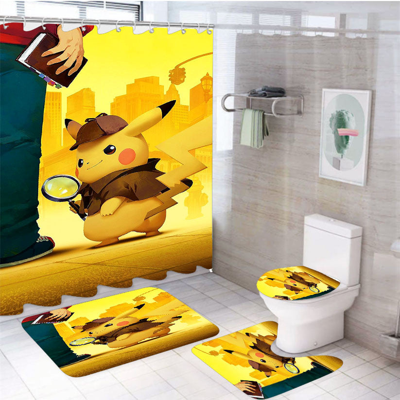 Pikachu Detective Cartoon Movie 4Pcs Bathroom Non-Slip Rugs Shower Curtain Fabric Waterproof