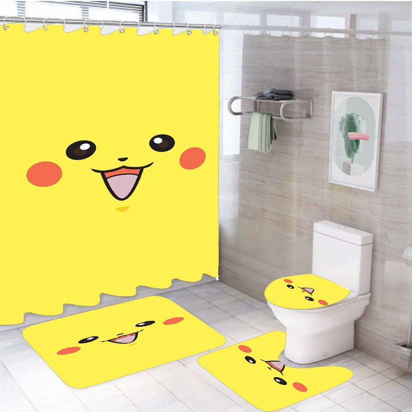 Pikachu Face 4Pcs Bathroom Non-Slip Rugs Shower Curtain Fabric Waterproof