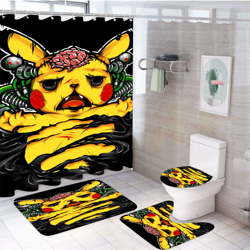 Pikachu Frankenchu 4Pcs Bathroom Non-Slip Rugs Shower Curtain Fabric Waterproof