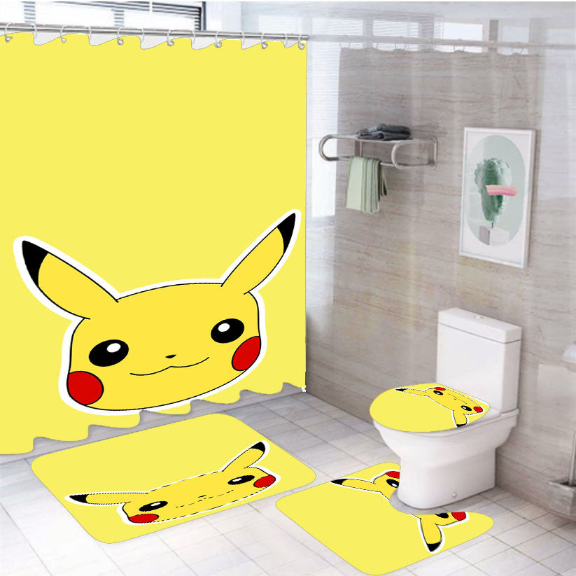 Pikachu Head 4Pcs Bathroom Non-Slip Rugs Shower Curtain Fabric Waterproof