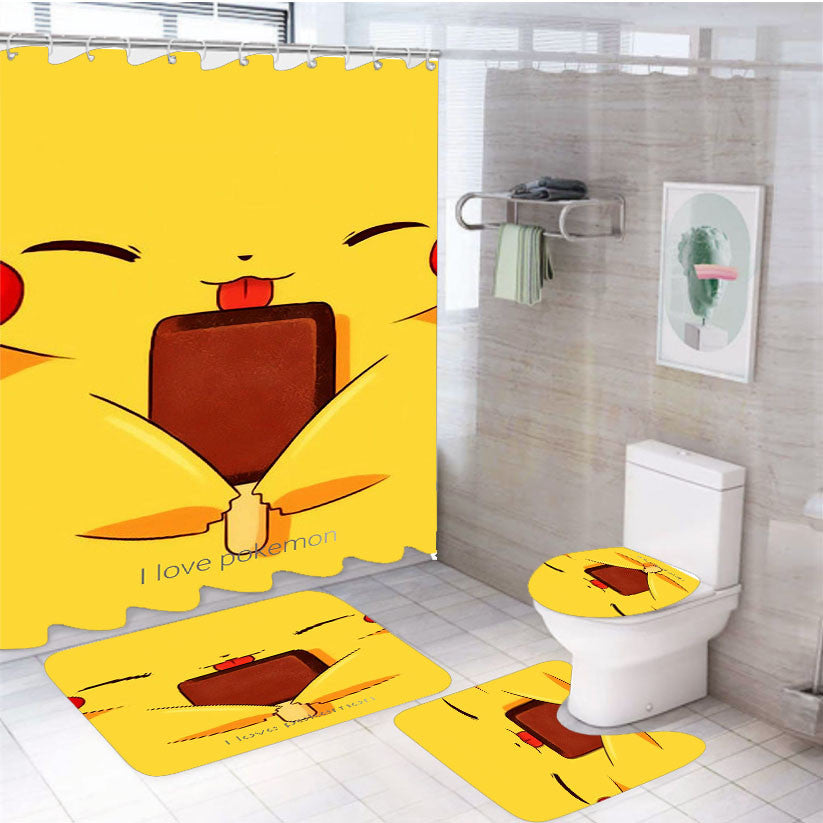 Pikachu Ice Cream August 4Pcs Bathroom Non-Slip Rugs Shower Curtain Fabric Waterproof