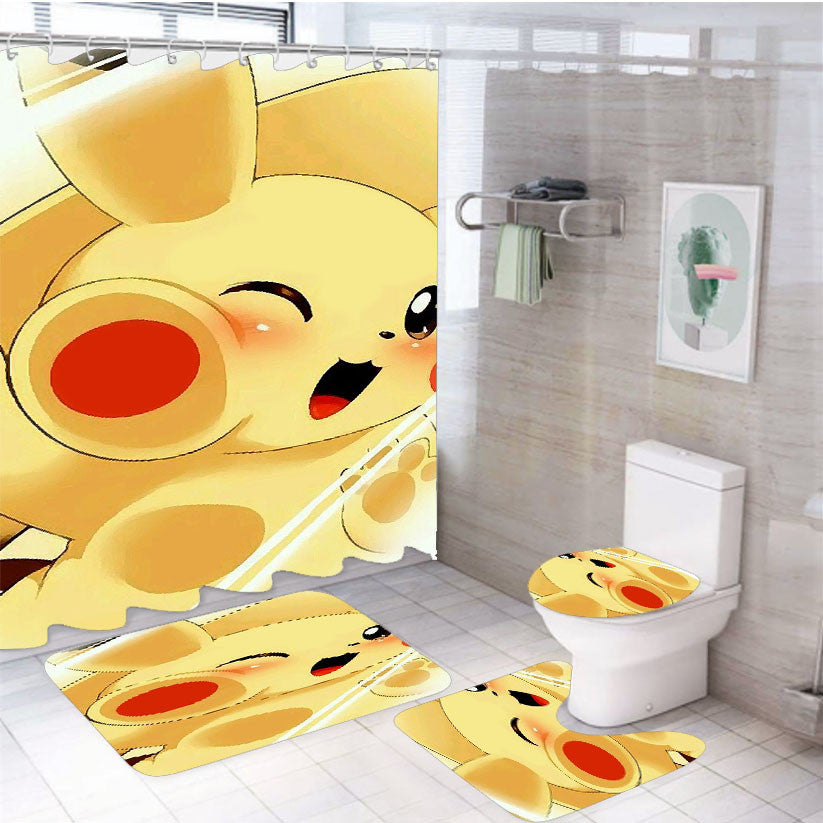 Pikachu Mirror 4Pcs Bathroom Non-Slip Rugs Shower Curtain Fabric Waterproof