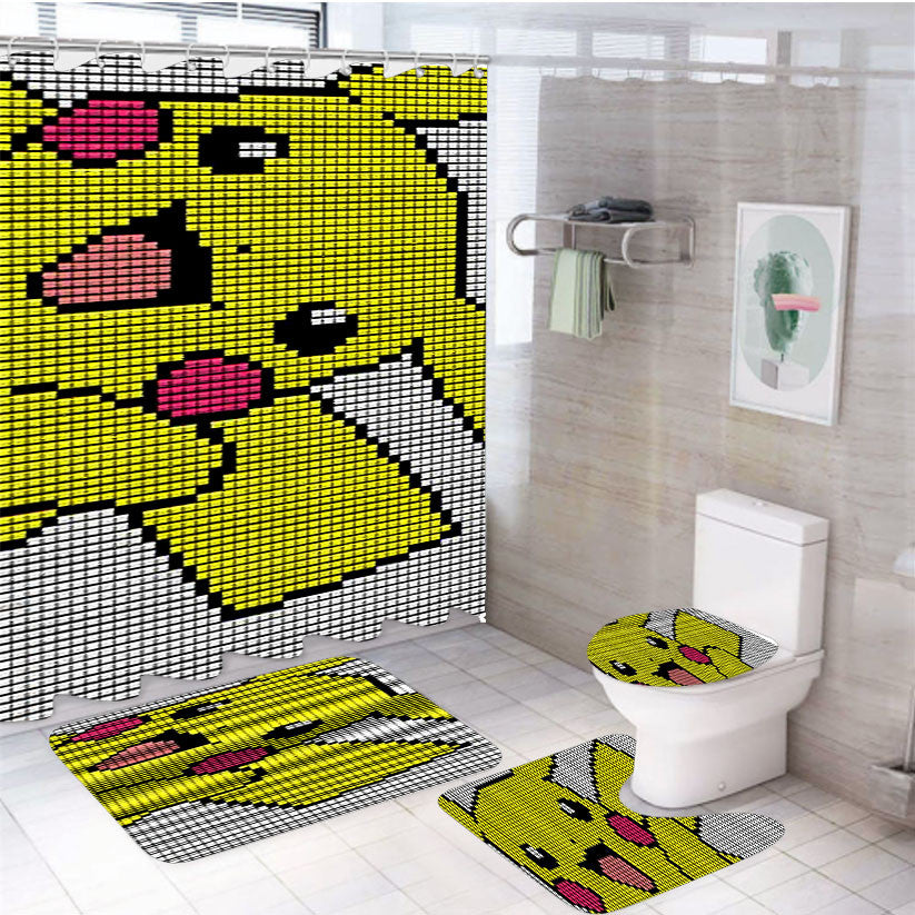 Pikachu Mosaic Square 4Pcs Bathroom Non-Slip Rugs Shower Curtain Fabric Waterproof