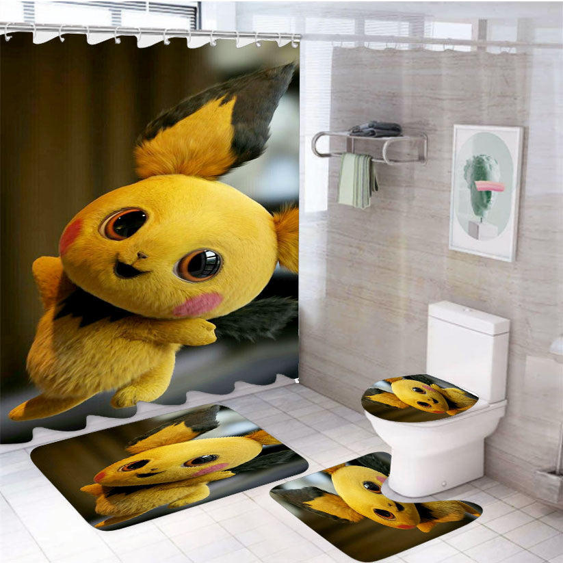 Pikachu Movie Poster 4Pcs Bathroom Non-Slip Rugs Shower Curtain Fabric Waterproof