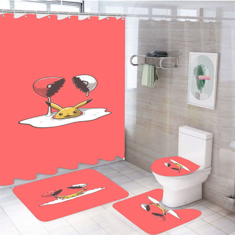 Pikachu Pokemo 4Pcs Bathroom Non-Slip Rugs Shower Curtain Fabric Waterproof