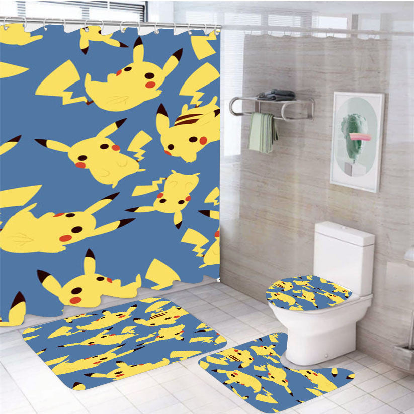 Pikachu Pokemon 4Pcs Bathroom Non-Slip Rugs Shower Curtain Fabric Waterproof