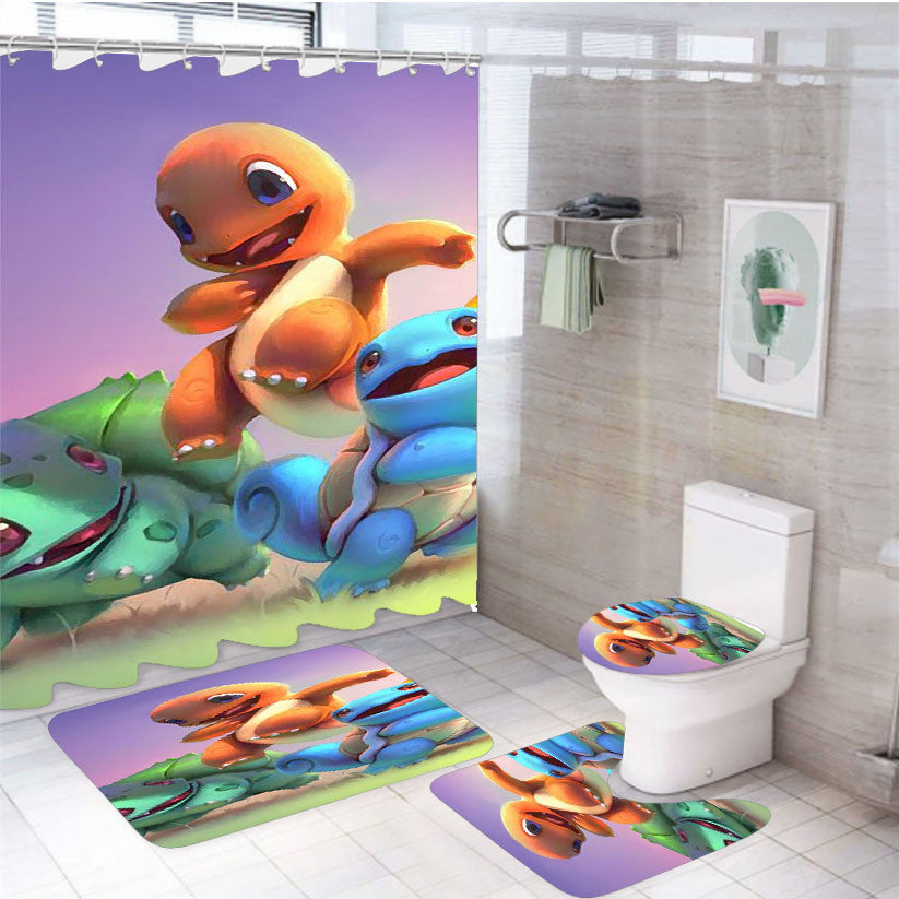 Pikachu Pokemon Anime 4Pcs Bathroom Non-Slip Rugs Shower Curtain Fabric Waterproof