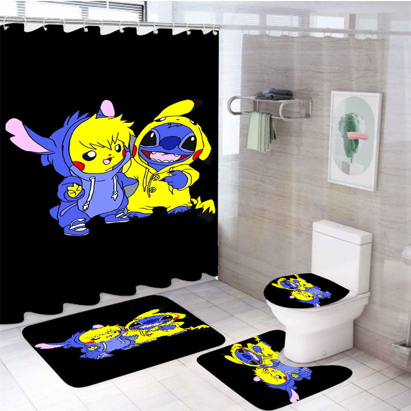 Pikachu X Stitch 4Pcs Bathroom Non-Slip Rugs Shower Curtain Fabric Waterproof