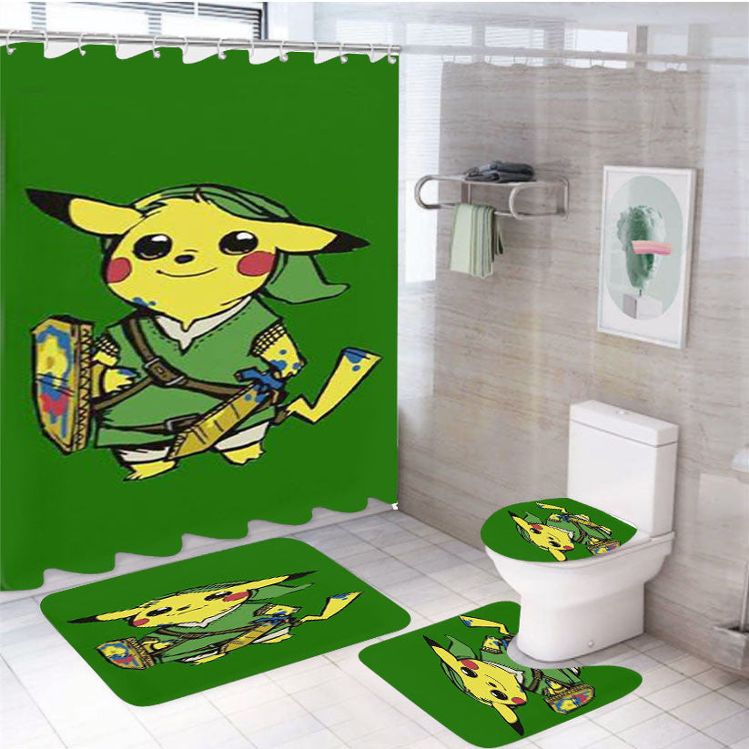 Pikachu Zelda 4Pcs Bathroom Non-Slip Rugs Shower Curtain Fabric Waterproof
